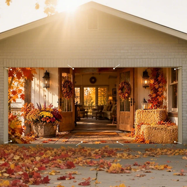 Main image of Thanksgiving Garage Door Cover, Rustic Hay Bale Porch Scene | 6x13ft size, Polyester cloth specs, autumn harvest decor, seasonal display, neat edges, easy hanging design, 1 pack count