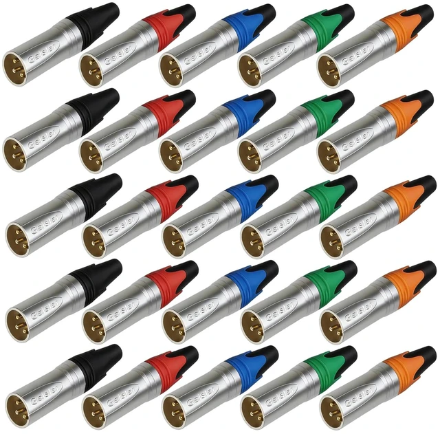 Main image of Geisler XLR 3 Pin Male XLR 3 Pin Female Plug Gold-Plated Copper Contacts Fine Silver Nickel Metal Housing with Muficolored Rubber Ring (Silver-housing Colorful-Mark Male) 25 Pack