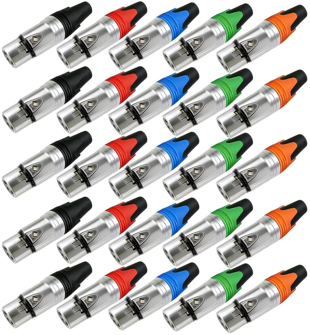 Main image of Geisler XLR 3 Pin Male XLR 3 Pin Female Plug Gold-Plated Copper Contacts Fine Silver Nickel Metal Housing with Muficolored Rubber Ring (Silver-housing Colorful-Mark Female) 25 Pack