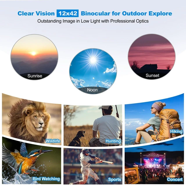 Alt view image 2 of 6 - HD 12x42 Waterproof Binoculars Adult High Power BAK4 FMC Lens&Phone Adapter | IPX7 Waterproof Fogproof Bird Watching Hunting Sports Concerts Wildlife Hiking Cruise Travel Compact Portable Low Light