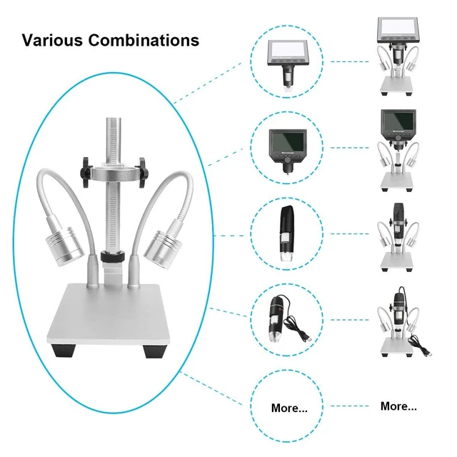 Alt view image 4 of 7 - Updated 2 Lamps Aluminum Alloy Stand Holder for USB Microscope | Universal Adjustable Desktop Support Bracket for Max 1.4" Diameter Endoscope Magnifier Loupe Camera