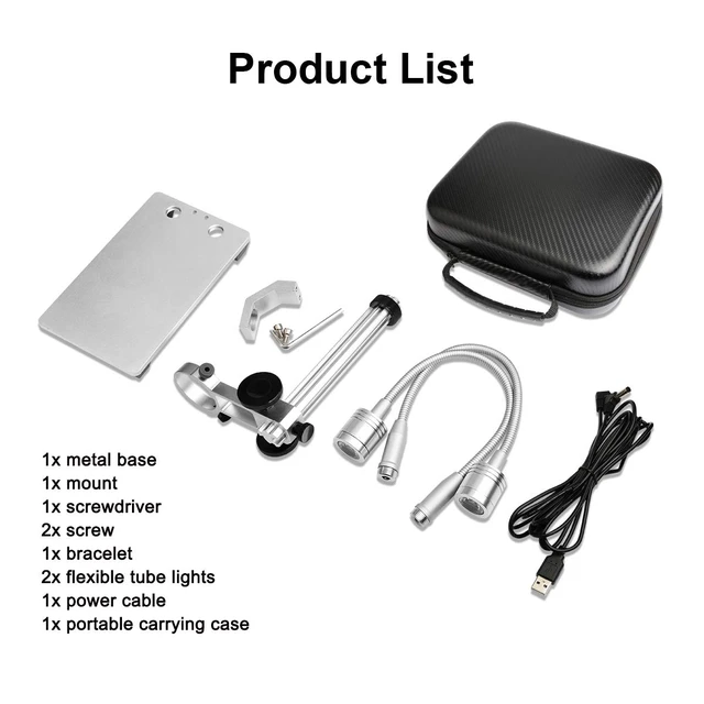 Alt view image 2 of 7 - Updated 2 Lamps Aluminum Alloy Stand Holder for USB Microscope | Universal Adjustable Desktop Support Bracket for Max 1.4" Diameter Endoscope Magnifier Loupe Camera
