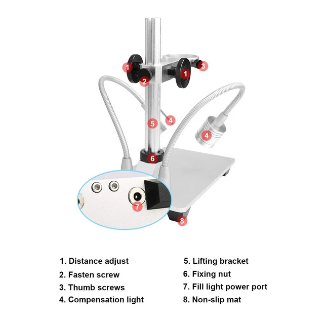 Alt view image 7 of 7 - Updated 2 Lamps Aluminum Alloy Stand Holder for USB Microscope | Universal Adjustable Desktop Support Bracket for Max 1.4" Diameter Endoscope Magnifier Loupe Camera