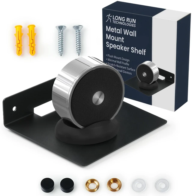 Main image of Wall Mount Speaker Shelf: Small Metal Floating Hangers Screw Mount Anti Slip Universal Holder Bluetooth Devices Webcam Cell Phones Baby Monitor Router Display Figurines for Bedroom Living Room Office