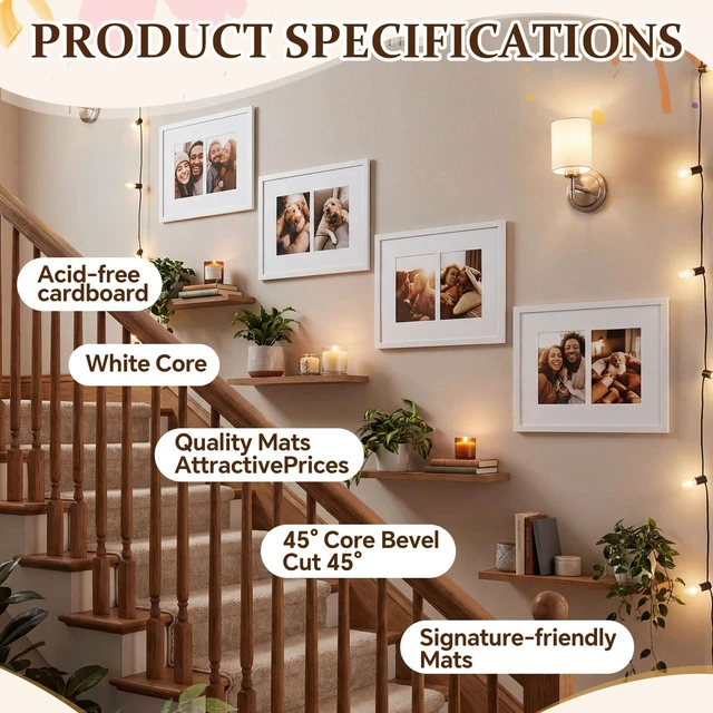 Alt view image 2 of 6 - 10 Pack 11x14 Picture Mats, 5x7 Collage Frame Mattes, Displays Two 5x7 Inch Photos or 11x14, Bevel Cut Acid Free Mat Board for Wall Mounting Display and Vertical(2 Opening)