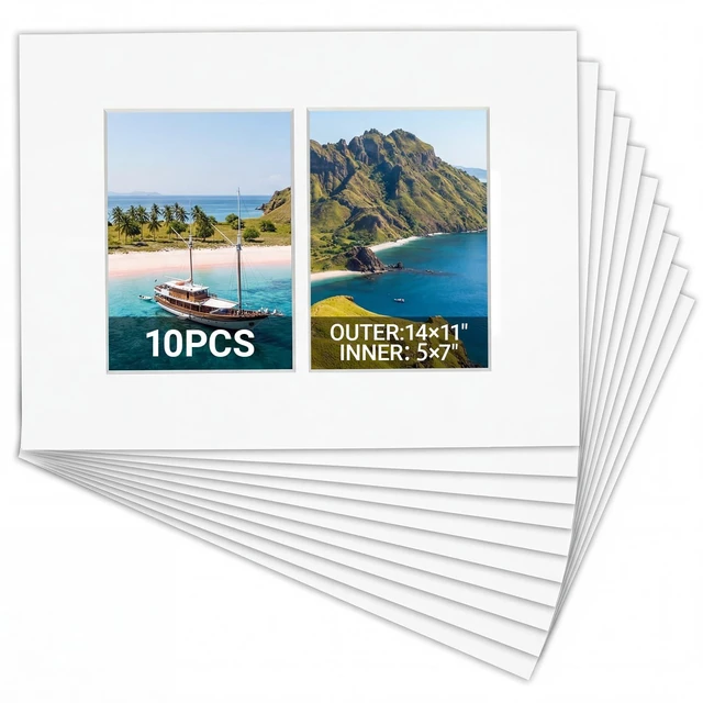 Main image of 10 Pack 11x14 Picture Mats, 5x7 Collage Frame Mattes, Displays Two 5x7 Inch Photos or 11x14, Bevel Cut Acid Free Mat Board for Wall Mounting Display and Vertical(2 Opening)