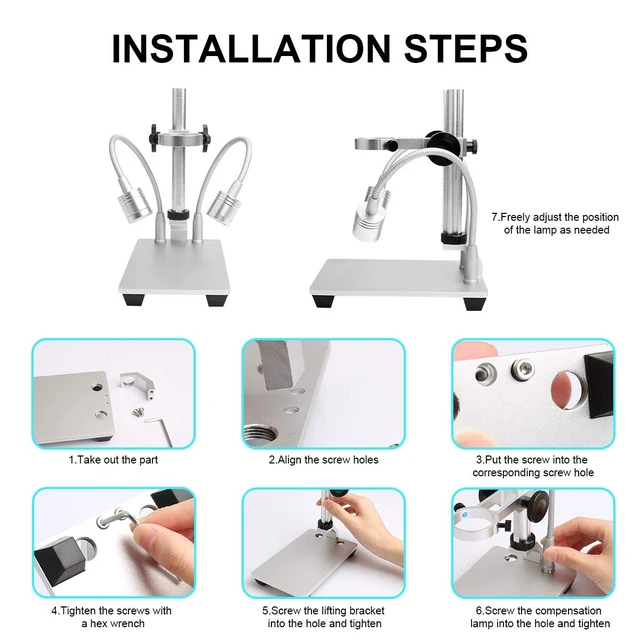 Alt view image 5 of 7 - Updated 2 Lamps Aluminum Alloy Stand Holder for USB Microscope | Universal Adjustable Desktop Support Bracket for Max 1.4" Diameter Endoscope Magnifier Loupe Camera