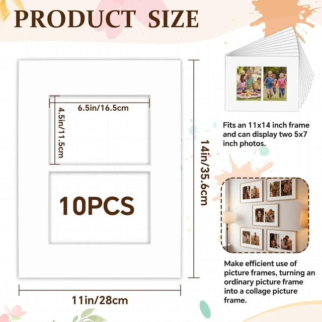 Alt view image 3 of 6 - 10 Pack 11x14 Picture Mats, 5x7 Collage Frame Mattes, Displays Two 5x7 Inch Photos or 11x14, Bevel Cut Acid Free Mat Board for Wall Mounting Display and Vertical(2 Opening)