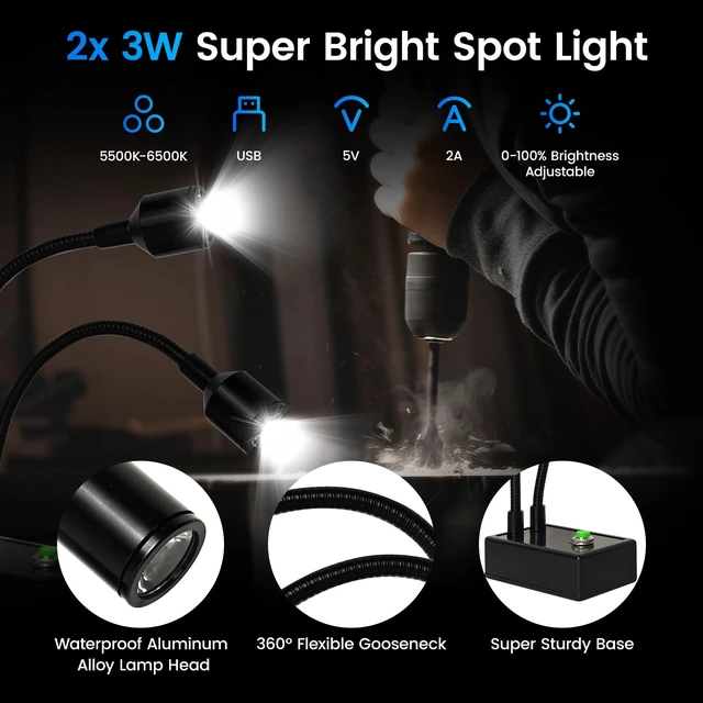 Alt view image 2 of 6 - Microscope Articulated Arm Stand Gooseneck Light Set, Dual Gooseneck Spot Light C Mount Lens Holder 26mm-52mm Adjustable Clamp, HDMI USB Camera Lens Electronic Soldering Repairing Stand (Spotlight)