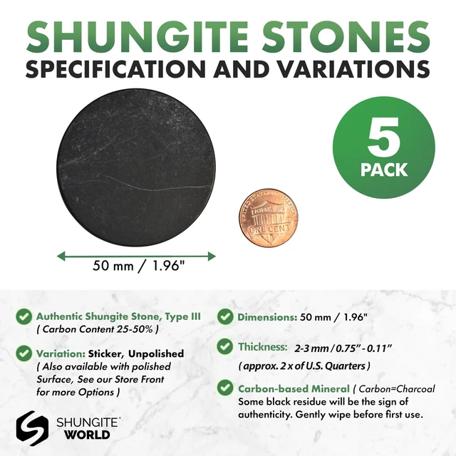 Alt view image 2 of 7 - 5 pcs Authentic Shungite Stickers Unpolished 50 mm / 1.96" Genuine Healing Energy Stone Protection Plate for Cell Phone Case Tablet Laptop Computer Noble Gemstone Protector Crystal