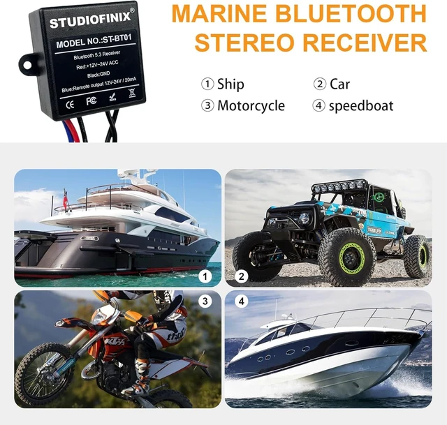 Alt view image 3 of 7 - Marine Bluetooth Receiver - IP67 Waterproof BT 5.3 Remote Wireless Connectivity, Stero Male RCA Output for Vehicle of Boat,UTV,ATV, Golf Carts,Motorcycles, Speakers