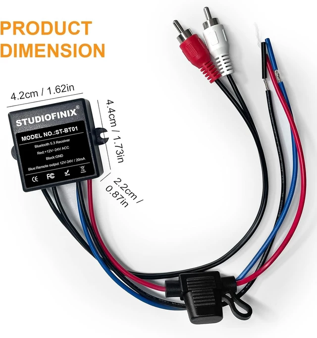 Alt view image 6 of 7 - Marine Bluetooth Receiver - IP67 Waterproof BT 5.3 Remote Wireless Connectivity, Stero Male RCA Output for Vehicle of Boat,UTV,ATV, Golf Carts,Motorcycles, Speakers