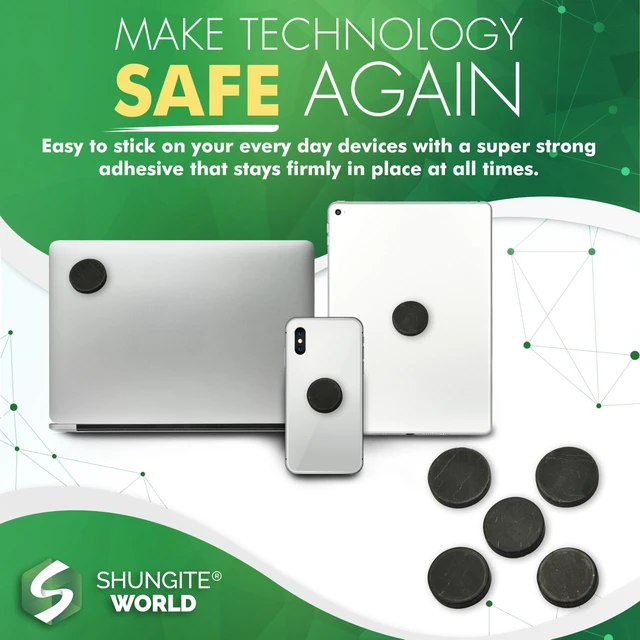 Alt view image 5 of 7 - 5 pcs Authentic Shungite Stickers Unpolished 50 mm / 1.96" Genuine Healing Energy Stone Protection Plate for Cell Phone Case Tablet Laptop Computer Noble Gemstone Protector Crystal