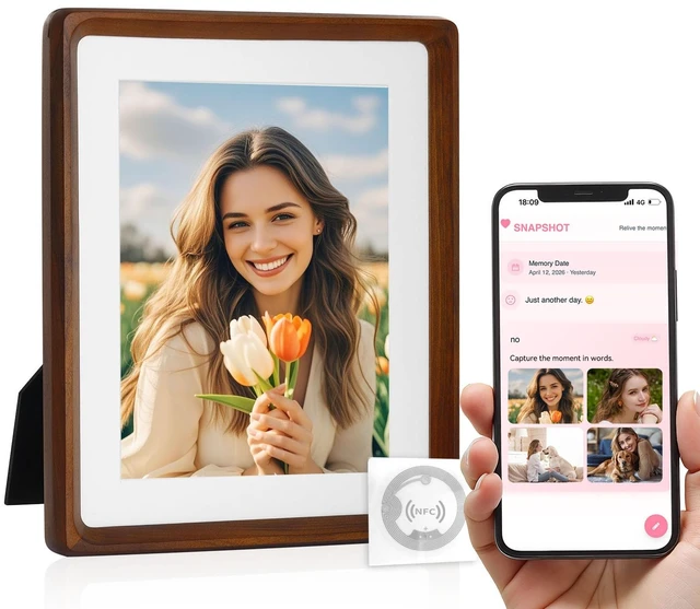 Main image of Smart Picture Frame, 8x10 Wireless Wood NFC Photo Frame, Tabletop&Wall-Mounted, Share Photos/Videos/Recording from Phone to Webpage for Party/Travel/Home & Gifts, Compatible iPhone/Android