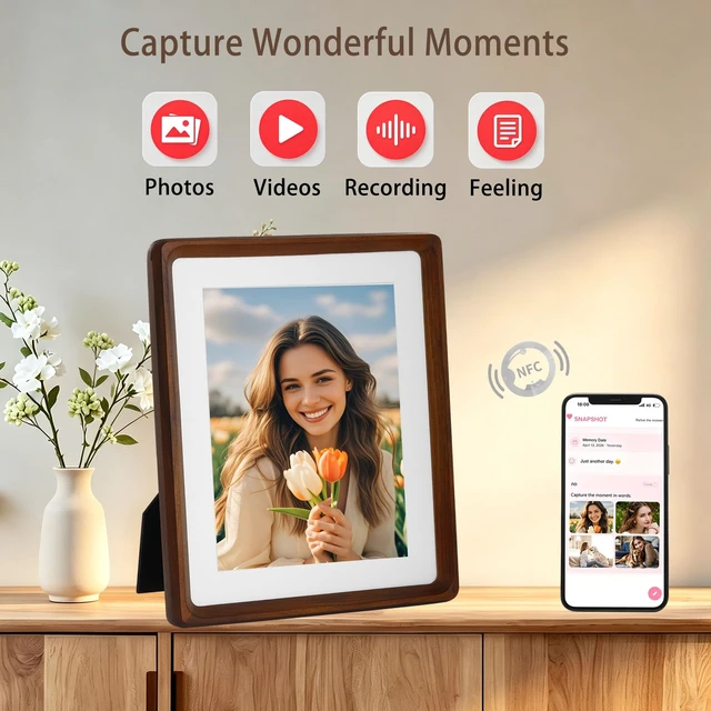 Alt view image 2 of 6 - Smart Picture Frame, 8x10 Wireless Wood NFC Photo Frame, Tabletop&Wall-Mounted, Share Photos/Videos/Recording from Phone to Webpage for Party/Travel/Home & Gifts, Compatible iPhone/Android