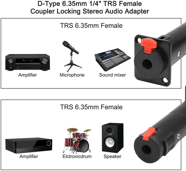 Alt view image 7 of 7 - D-Type 6.35mm 1/4" TRS Panel Mount Female to Female Coupler-(Black) | Locking Stereo Audio Adapter Connector Socket for Speaker Headphone Cable Extension - 1PCS