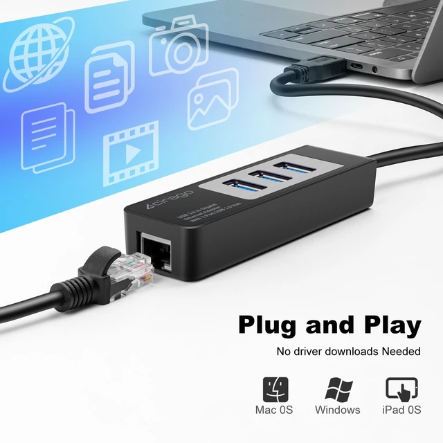 Alt view image 3 of 6 - USB 3.0 to Gigabit Ethernet Adapter with 3 Port USB 3.0 Hub | Multiport Network Adapter, RJ45 10/100/1000 Gigabit Ethernet, Compatible for Laptop, MacBook, XPS, Windows 10/8/7