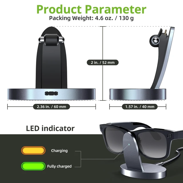Alt view image 3 of 6 - Charging Dock Compatible with Ray-Ban Meta Smart Glasses, Portable Charging Stand Work for Way-farer/Skyler/Headliner Models, LED Indicator, Pin Contact Fast Safe Charging, Space Gray