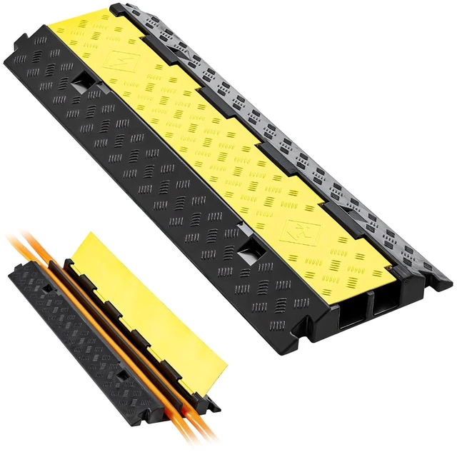 Main image of Cable Protector Ramp, 2 Channel Heavy Duty 39.37'' Rubber Cord Hose Wire Cover, 2.2''W x 2''H Large Channel Size, Traffic Speed Bump with Flip-Open Top Cover, for Indoor Outdoor Use