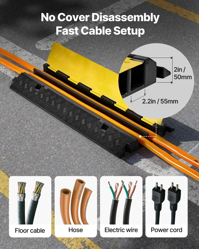 Alt view image 4 of 7 - Cable Protector Ramp, 2 Channel Heavy Duty 39.37'' Rubber Cord Hose Wire Cover, 2.2''W x 2''H Large Channel Size, Traffic Speed Bump with Flip-Open Top Cover, for Indoor Outdoor Use