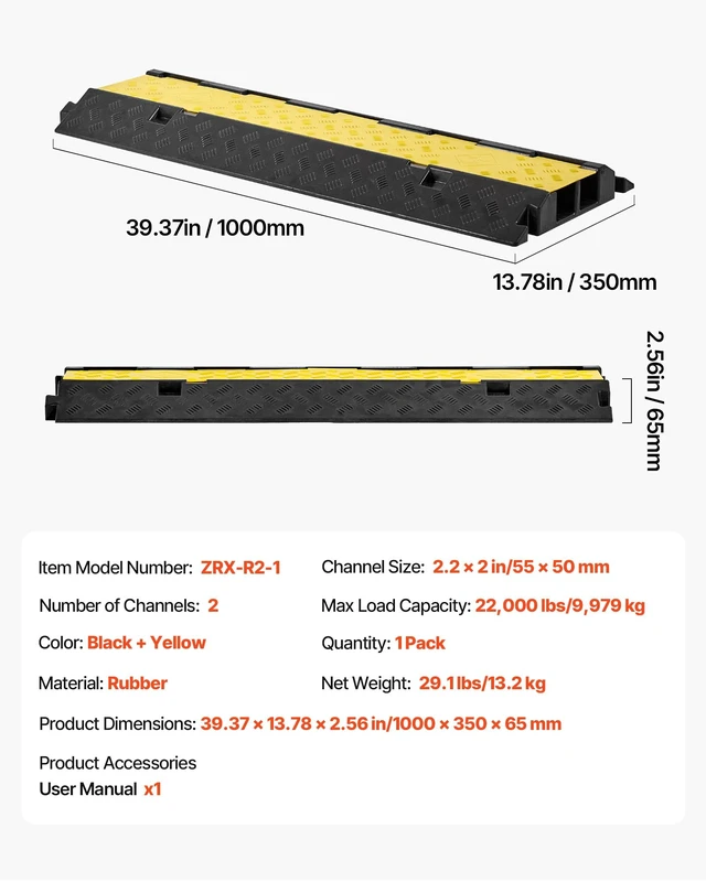 Alt view image 7 of 7 - Cable Protector Ramp, 2 Channel Heavy Duty 39.37'' Rubber Cord Hose Wire Cover, 2.2''W x 2''H Large Channel Size, Traffic Speed Bump with Flip-Open Top Cover, for Indoor Outdoor Use