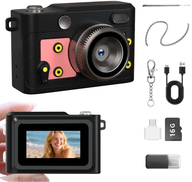 Main image of Mini Retro Keychain Camera - 1080P FHD Tiny Digital Camera with 2MP Lens, 0.96" Screen & OTG Adapter with 16GB Card, Vintage Compact Camera Gift for Birthdays,Beginners,Kids (Pink)