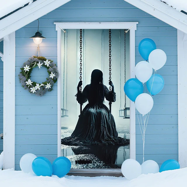 Main image of INV Creepy Girl Swing Door Cover 35x71 Inch Double Sided Spooky Haunted House Door Decoration for Halloween Front Door Porch Horror Entryway Indoor Outdoor Scary Decor