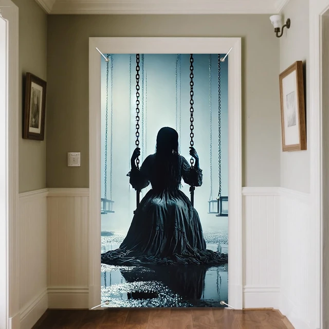 Alt view image 4 of 7 - INV Creepy Girl Swing Door Cover 35x71 Inch Double Sided Spooky Haunted House Door Decoration for Halloween Front Door Porch Horror Entryway Indoor Outdoor Scary Decor