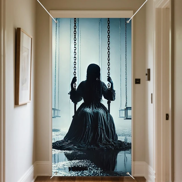 Alt view image 6 of 7 - INV Creepy Girl Swing Door Cover 35x71 Inch Double Sided Spooky Haunted House Door Decoration for Halloween Front Door Porch Horror Entryway Indoor Outdoor Scary Decor