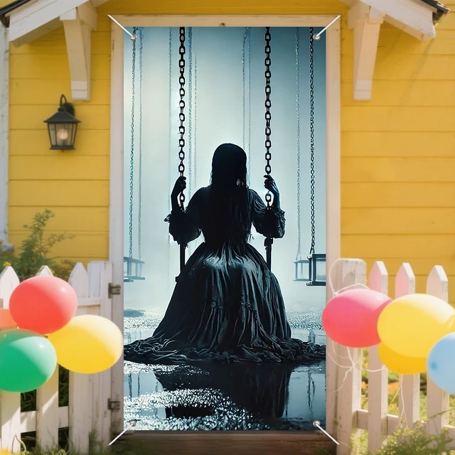 Alt view image 7 of 7 - INV Creepy Girl Swing Door Cover 35x71 Inch Double Sided Spooky Haunted House Door Decoration for Halloween Front Door Porch Horror Entryway Indoor Outdoor Scary Decor