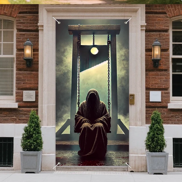 Alt view image 2 of 7 - Gothic Execution Door Cover 35x71 Inch Guillotine and Masked Figure Swing Bloody Scene Foggy Gallows Eerie Horror Decor for Front Porch Entryway Wall Decoration Halloween Theme
