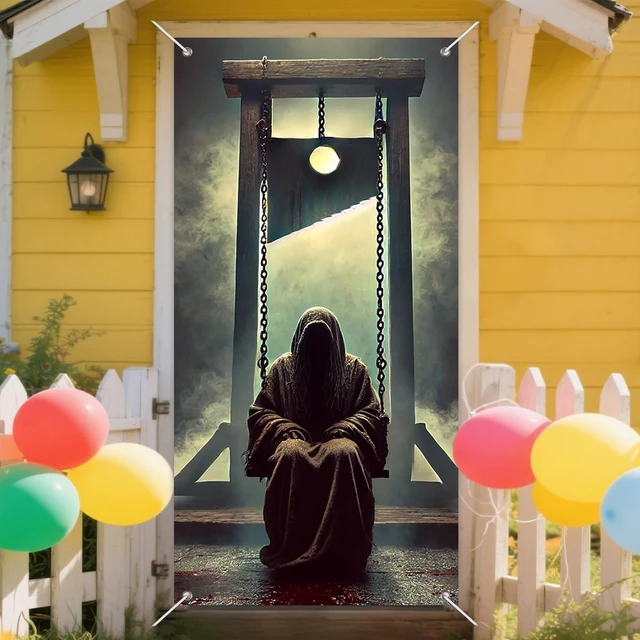 Alt view image 7 of 7 - Gothic Execution Door Cover 35x71 Inch Guillotine and Masked Figure Swing Bloody Scene Foggy Gallows Eerie Horror Decor for Front Porch Entryway Wall Decoration Halloween Theme