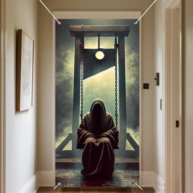 Alt view image 6 of 7 - Gothic Execution Door Cover 35x71 Inch Guillotine and Masked Figure Swing Bloody Scene Foggy Gallows Eerie Horror Decor for Front Porch Entryway Wall Decoration Halloween Theme