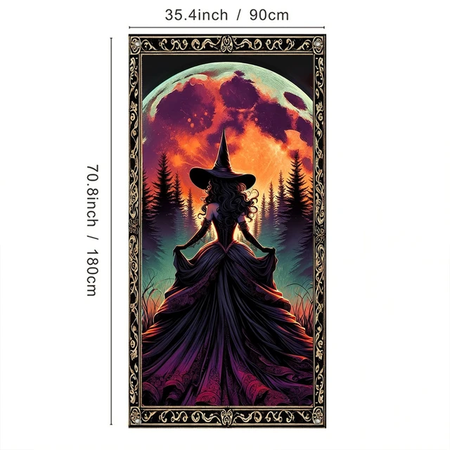 Alt view image 3 of 7 - Halloween Moonlit Witch Door Cover Decorations 35x71 Inch | Flowing Dress Witch Door Banner Porch Backdrop Decor Party Supplies For Indoor Outdoor Orange Moon Theme