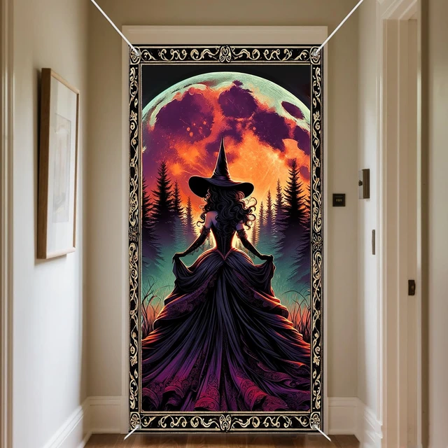 Alt view image 6 of 7 - Halloween Moonlit Witch Door Cover Decorations 35x71 Inch | Flowing Dress Witch Door Banner Porch Backdrop Decor Party Supplies For Indoor Outdoor Orange Moon Theme