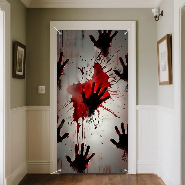 Alt view image 4 of 7 - Halloween Red Handprint Door Door Cover Decorations 35x71 Inch | Distressed White Door Door Banner Porch Backdrop Decor Party Supplies For Indoor Outdoor Red Handprints Theme