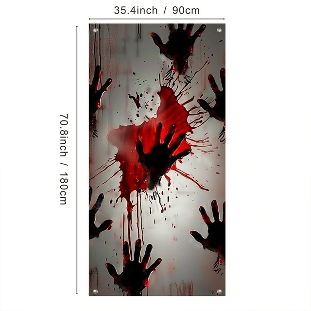 Alt view image 3 of 7 - Halloween Red Handprint Door Door Cover Decorations 35x71 Inch | Distressed White Door Door Banner Porch Backdrop Decor Party Supplies For Indoor Outdoor Red Handprints Theme