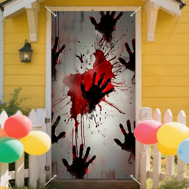 Alt view image 7 of 7 - Halloween Red Handprint Door Door Cover Decorations 35x71 Inch | Distressed White Door Door Banner Porch Backdrop Decor Party Supplies For Indoor Outdoor Red Handprints Theme