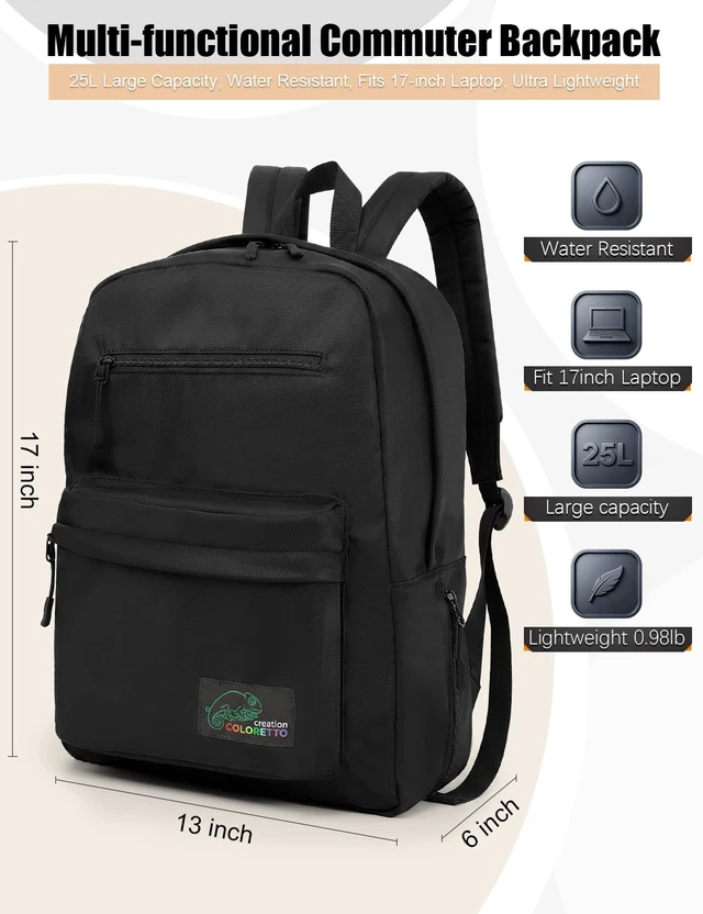 Alt view image 2 of 7 - 25L Travel Backpack for Men Women, Large Lightweight Work Backpack, Fits 17 Inch Divices, Water Resistant Casual College Backpack Organizers, Black