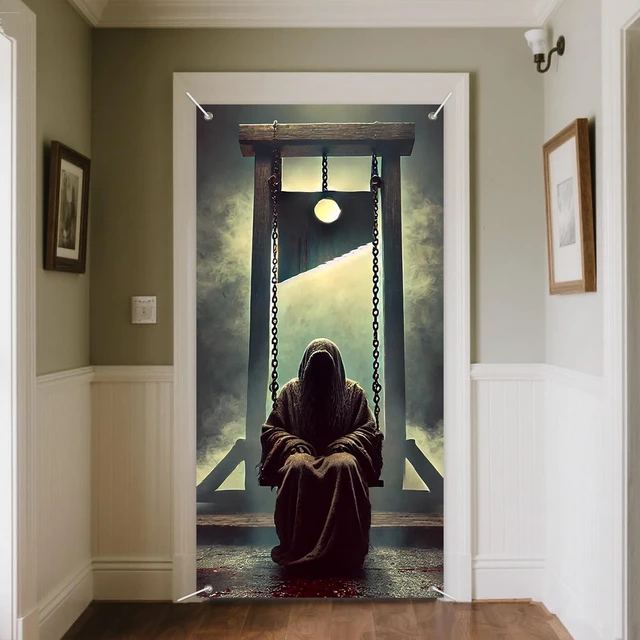 Alt view image 4 of 7 - Gothic Execution Door Cover 35x71 Inch Guillotine and Masked Figure Swing Bloody Scene Foggy Gallows Eerie Horror Decor for Front Porch Entryway Wall Decoration Halloween Theme