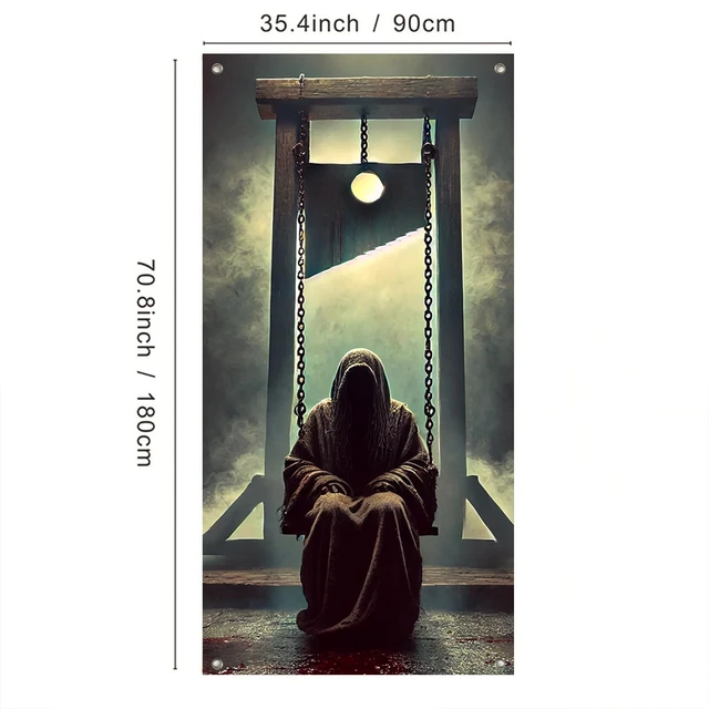 Alt view image 3 of 7 - Gothic Execution Door Cover 35x71 Inch Guillotine and Masked Figure Swing Bloody Scene Foggy Gallows Eerie Horror Decor for Front Porch Entryway Wall Decoration Halloween Theme