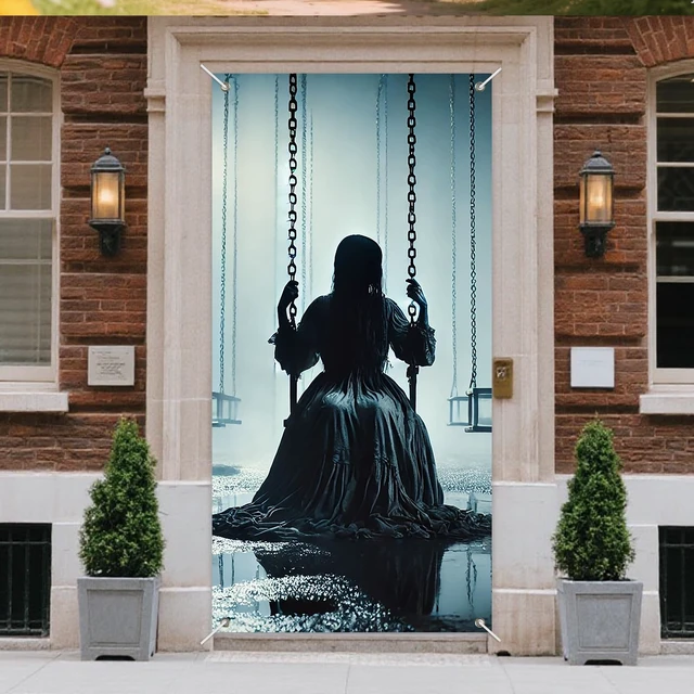 Alt view image 2 of 7 - INV Creepy Girl Swing Door Cover 35x71 Inch Double Sided Spooky Haunted House Door Decoration for Halloween Front Door Porch Horror Entryway Indoor Outdoor Scary Decor