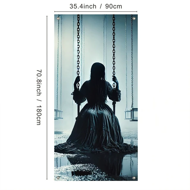 Alt view image 3 of 7 - INV Creepy Girl Swing Door Cover 35x71 Inch Double Sided Spooky Haunted House Door Decoration for Halloween Front Door Porch Horror Entryway Indoor Outdoor Scary Decor