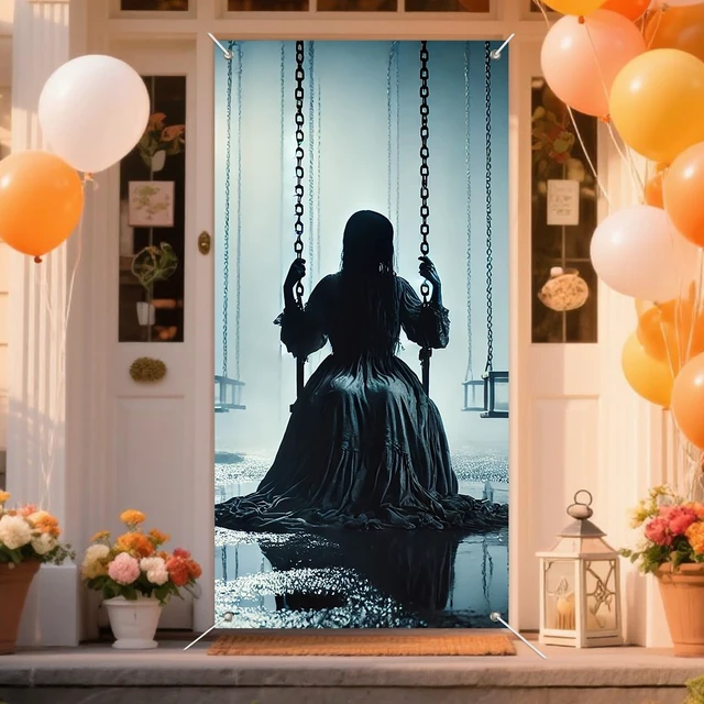 Alt view image 5 of 7 - INV Creepy Girl Swing Door Cover 35x71 Inch Double Sided Spooky Haunted House Door Decoration for Halloween Front Door Porch Horror Entryway Indoor Outdoor Scary Decor