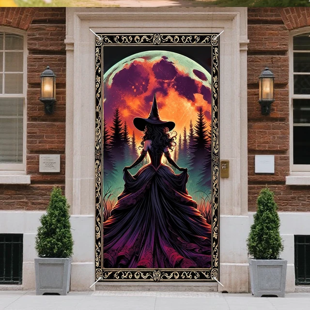 Alt view image 2 of 7 - Halloween Moonlit Witch Door Cover Decorations 35x71 Inch | Flowing Dress Witch Door Banner Porch Backdrop Decor Party Supplies For Indoor Outdoor Orange Moon Theme