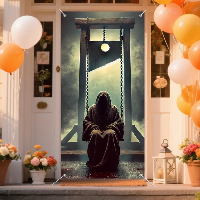 Alt view image 5 of 7 - Gothic Execution Door Cover 35x71 Inch Guillotine and Masked Figure Swing Bloody Scene Foggy Gallows Eerie Horror Decor for Front Porch Entryway Wall Decoration Halloween Theme