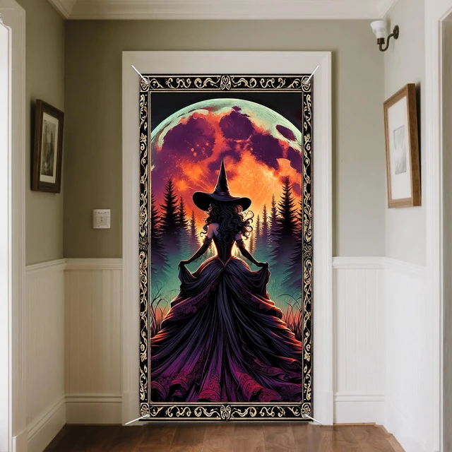 Alt view image 4 of 7 - Halloween Moonlit Witch Door Cover Decorations 35x71 Inch | Flowing Dress Witch Door Banner Porch Backdrop Decor Party Supplies For Indoor Outdoor Orange Moon Theme