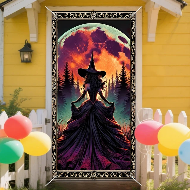Alt view image 7 of 7 - Halloween Moonlit Witch Door Cover Decorations 35x71 Inch | Flowing Dress Witch Door Banner Porch Backdrop Decor Party Supplies For Indoor Outdoor Orange Moon Theme