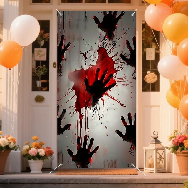 Alt view image 5 of 7 - Halloween Red Handprint Door Door Cover Decorations 35x71 Inch | Distressed White Door Door Banner Porch Backdrop Decor Party Supplies For Indoor Outdoor Red Handprints Theme