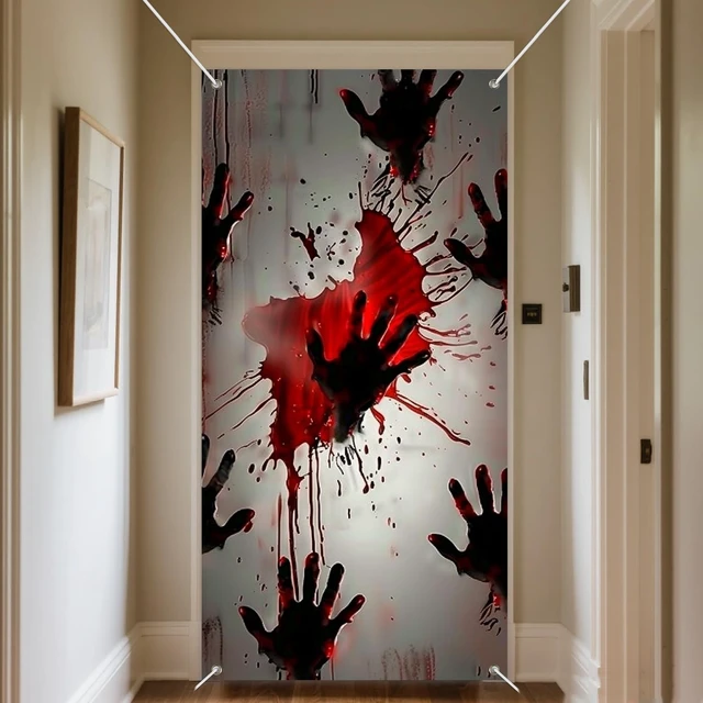 Alt view image 6 of 7 - Halloween Red Handprint Door Door Cover Decorations 35x71 Inch | Distressed White Door Door Banner Porch Backdrop Decor Party Supplies For Indoor Outdoor Red Handprints Theme